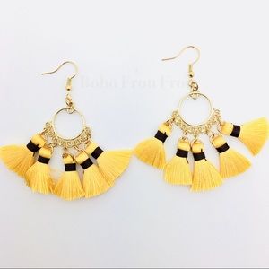 Boho Yellow & Gold Tassel French Hook Earrings